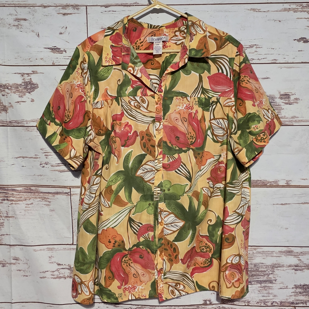 Bravado Green and Red Button Down Shirt with Tropical Print